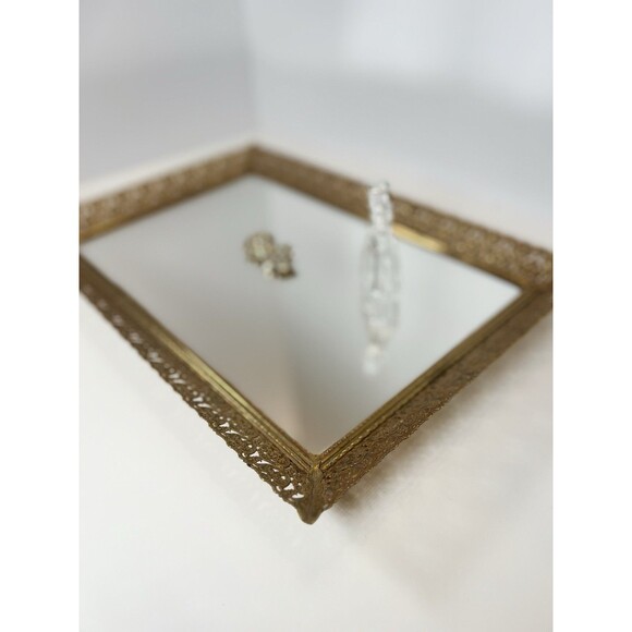 Mirrored Vanity Tray For Trinkets, Jewelry & Makeup With Brass Filigree VTG 16" - Picture 7 of 12
